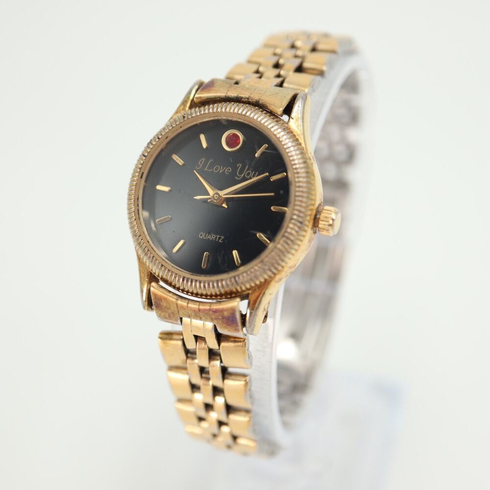 Womens Gold Tone "I Love You" Watch 25mm Black Dial w Red Gem Bracelet Working